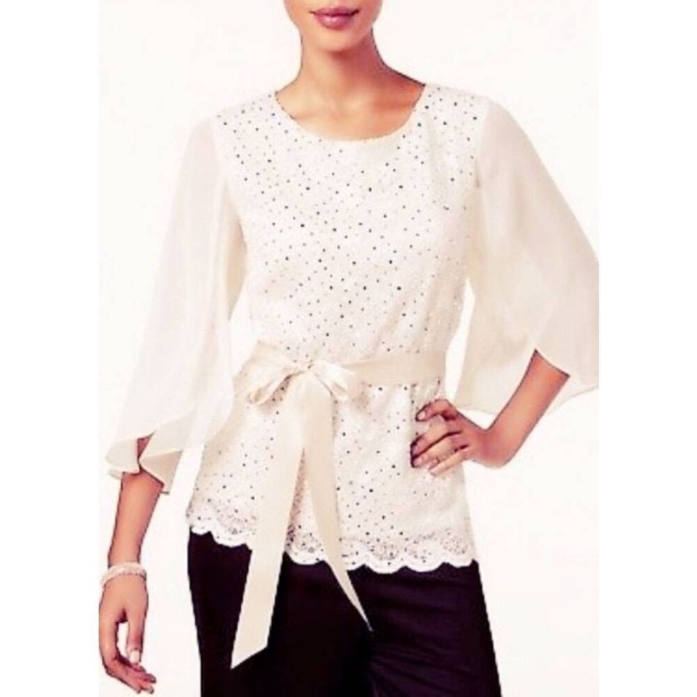 🩵Connected Apparel Ivory Sequin Embellished Belted Sheer Sleeve Top Medium